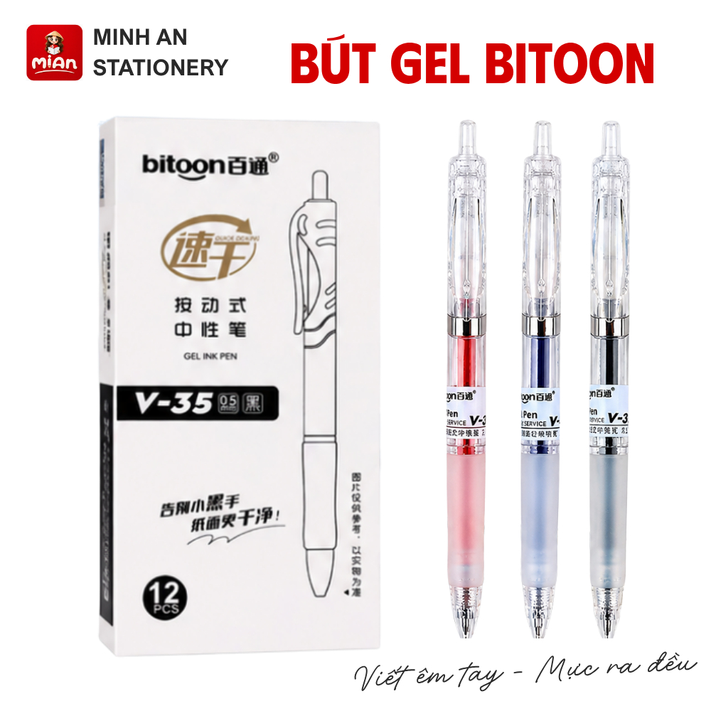 Bút gel Bitoon V35 bấm ngòi 0.5mm, Bút bi nước văn phòng trong suốt, Bút gel bấm cao cấp