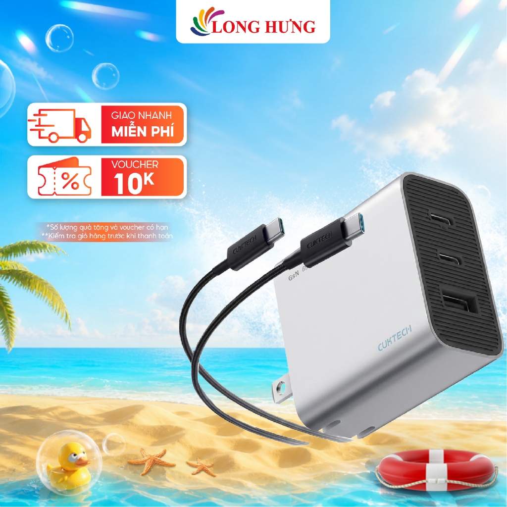 Combo cốc sạc Cuktech 1USB 2Type-C 65W + Cáp USB Type-C to Type-C AD653C - Hàng chính hãng