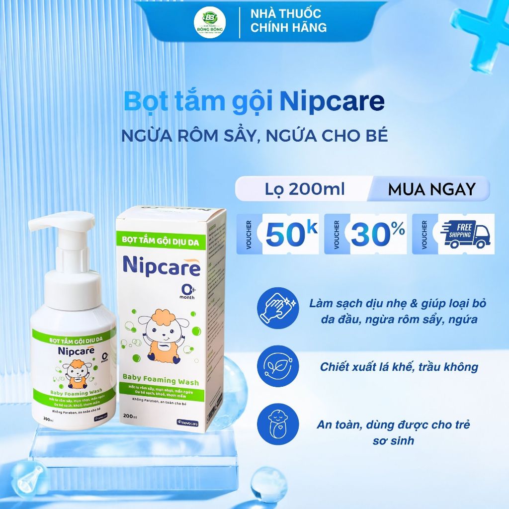 Bọt tắm gội dịu da Nipcare 200ml hỗ trợ ngừa rôm sảy, mẩn ngứa, làm sạch da an toàn, dịu nhẹ cho trẻ