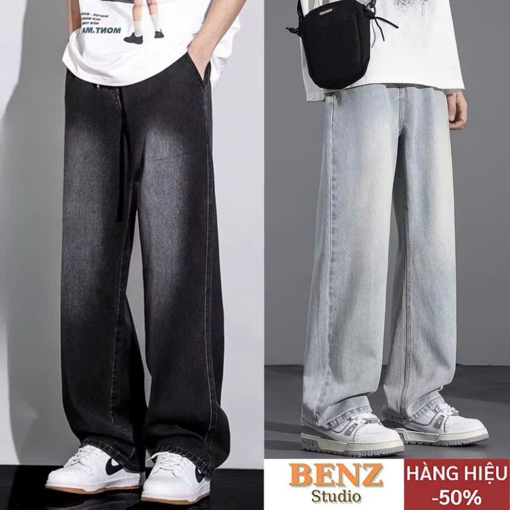 Quần Jean Nam Ống Suông Rộng Màu Đen Smoke ,Wash Vintage Chất Jean Mềm ,Cạp Cao ,Phong cách Retro Đường phố -Benz.Stu