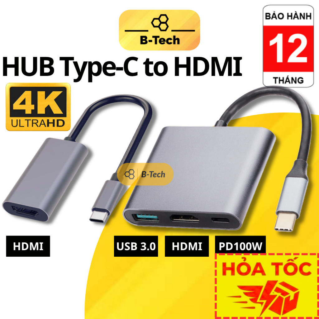 [HỎA TỐC] Hub Type C to HDMI - Cổng chuyển đổi type C sang HDMI, thunderbolt USB 3.0, PD Type-C cho 
