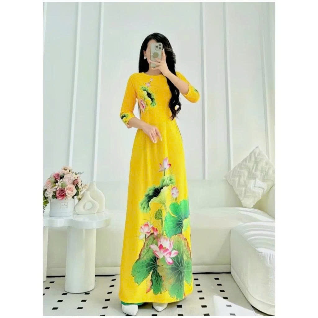 E29 - Áo dài Hoa Sen màu vàng cổ tròn