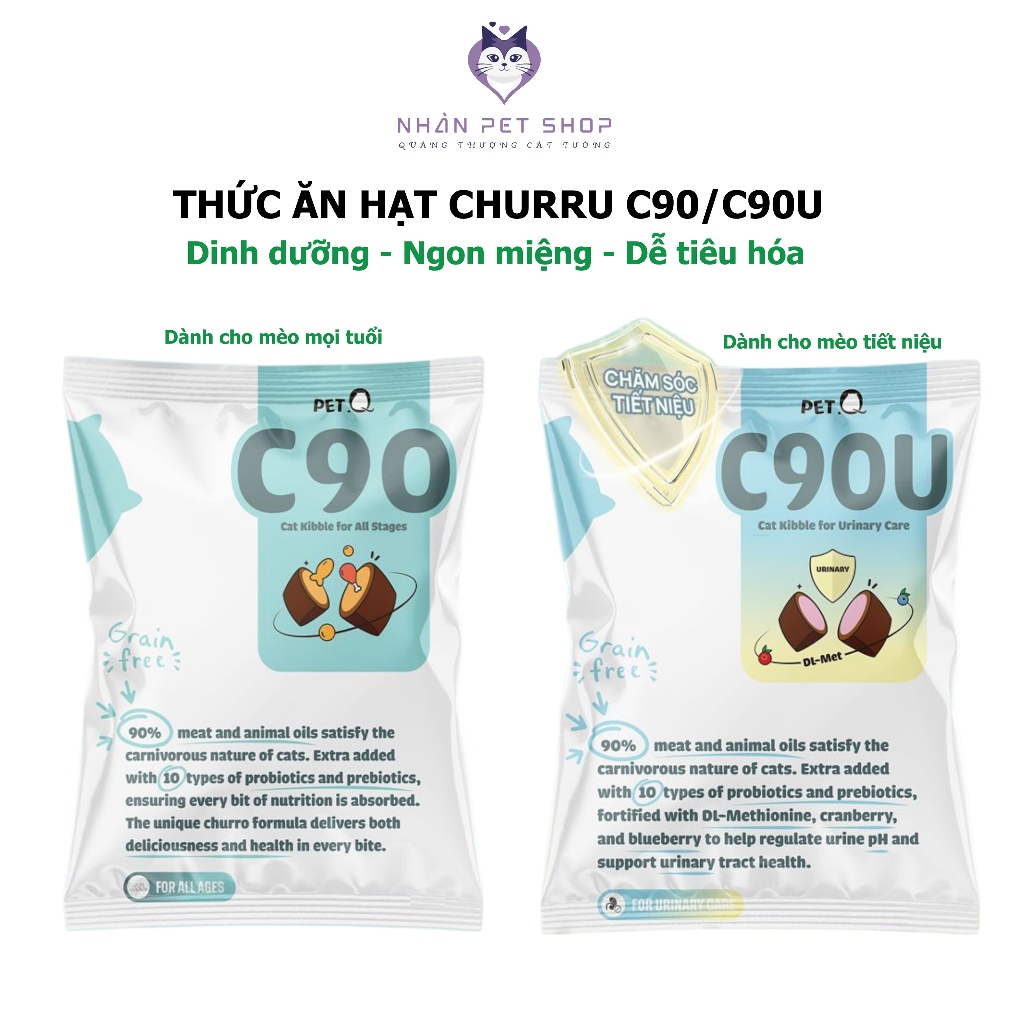 Thức ăn hạt cho mèo PetQ, Hạt Churro C90 C90U, 90% từ thịt & dầu động vật - Nhàn Pet Shop