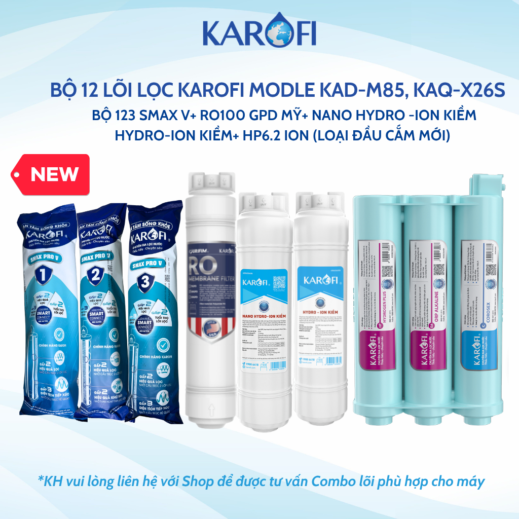 Combo 12 Lõi Lọc Nước Karofi Dùng Cho Model KAD-M85, KAQ-X26S Gồm 123 Smax V, RO mỹ, 8 Lõi Chức Năng