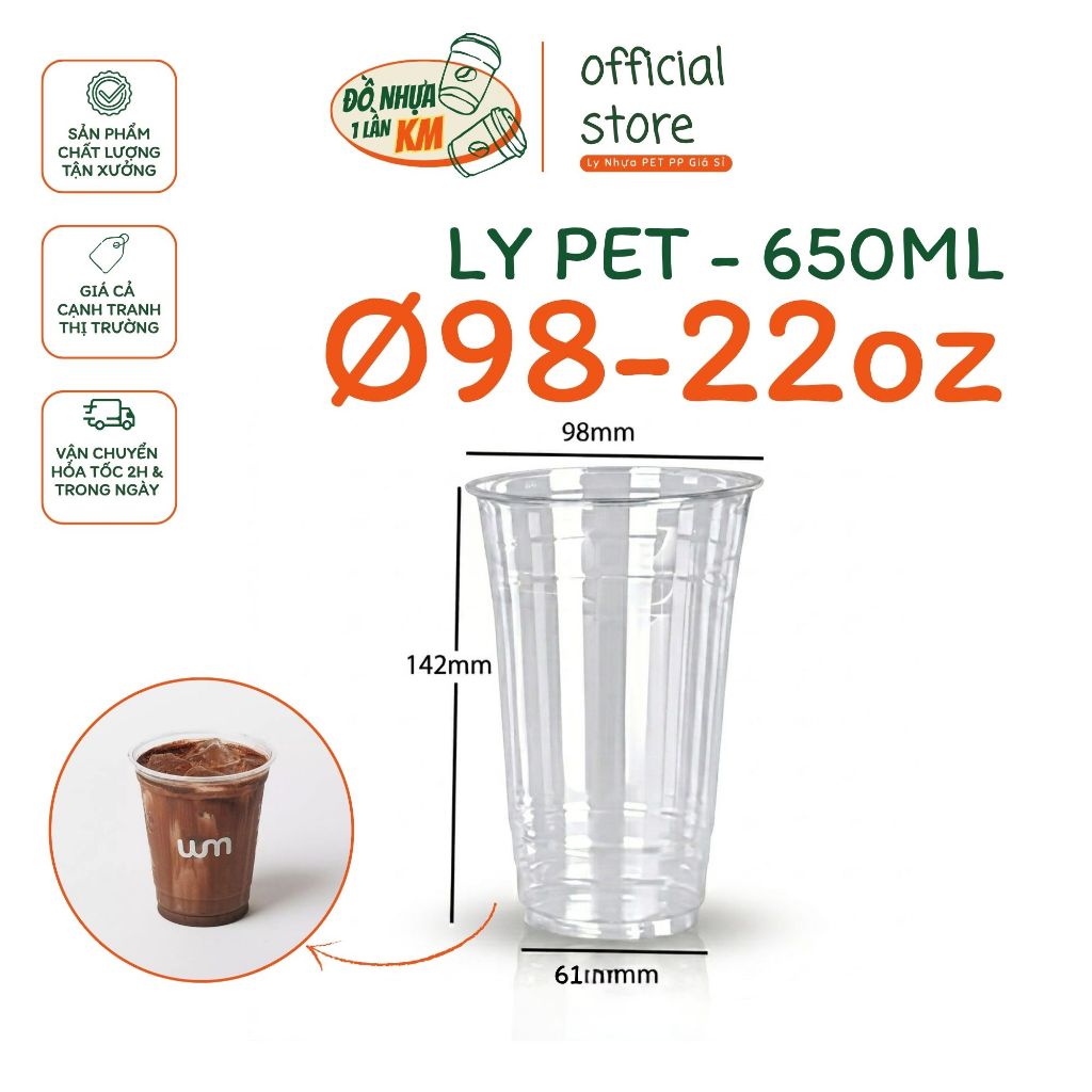 (50/1000 Ly Nhựa PET 22oz 650ml Phi Ø98mm VTP Trong Suốt Dùng Cho Trà Sữa Cà Phê - Lốc 50cái
