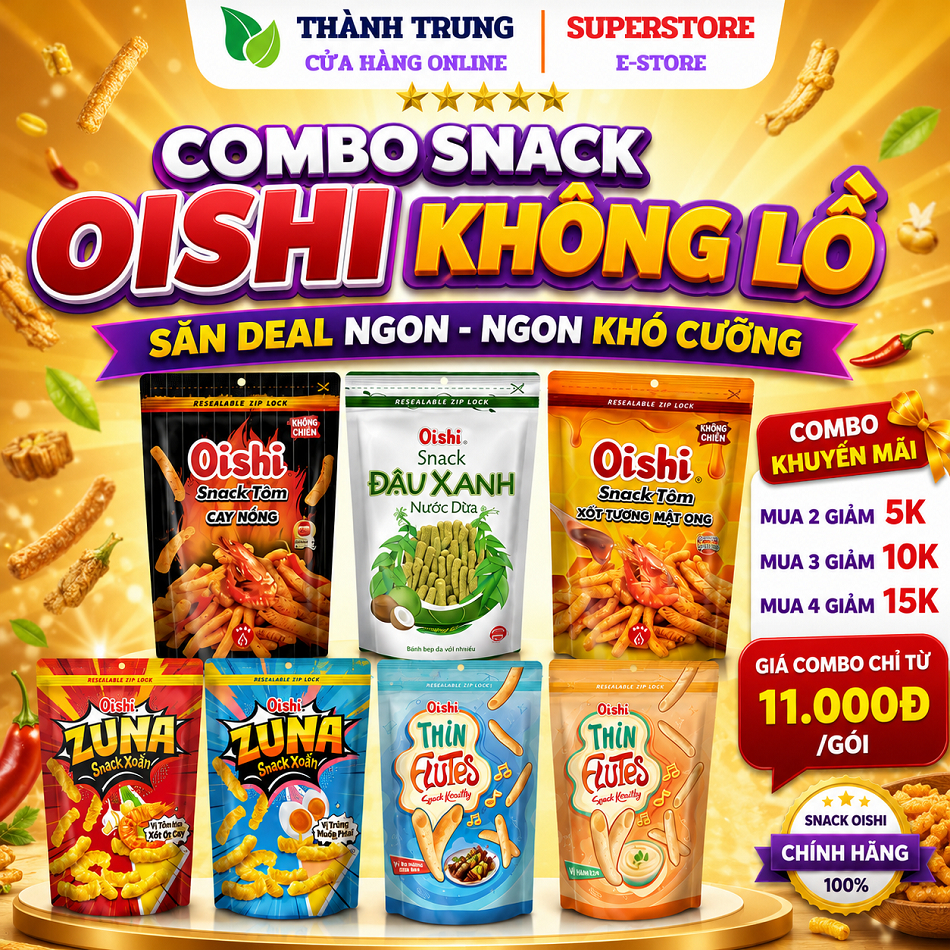 Combo 5 Gói Snack Oishi Đủ Vị Túi Zip: Tôm cay nồng, đậu xanh nước dừa, Zuna xoắn, Flutes khoai tây