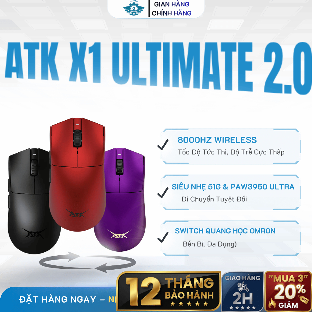 [⚡Cực Hot] Chuột Gaming Không Dây ATK X1 Ultimate - Paw3950Ultra, 8KHz PollingRate, Nordic 52840 NEW