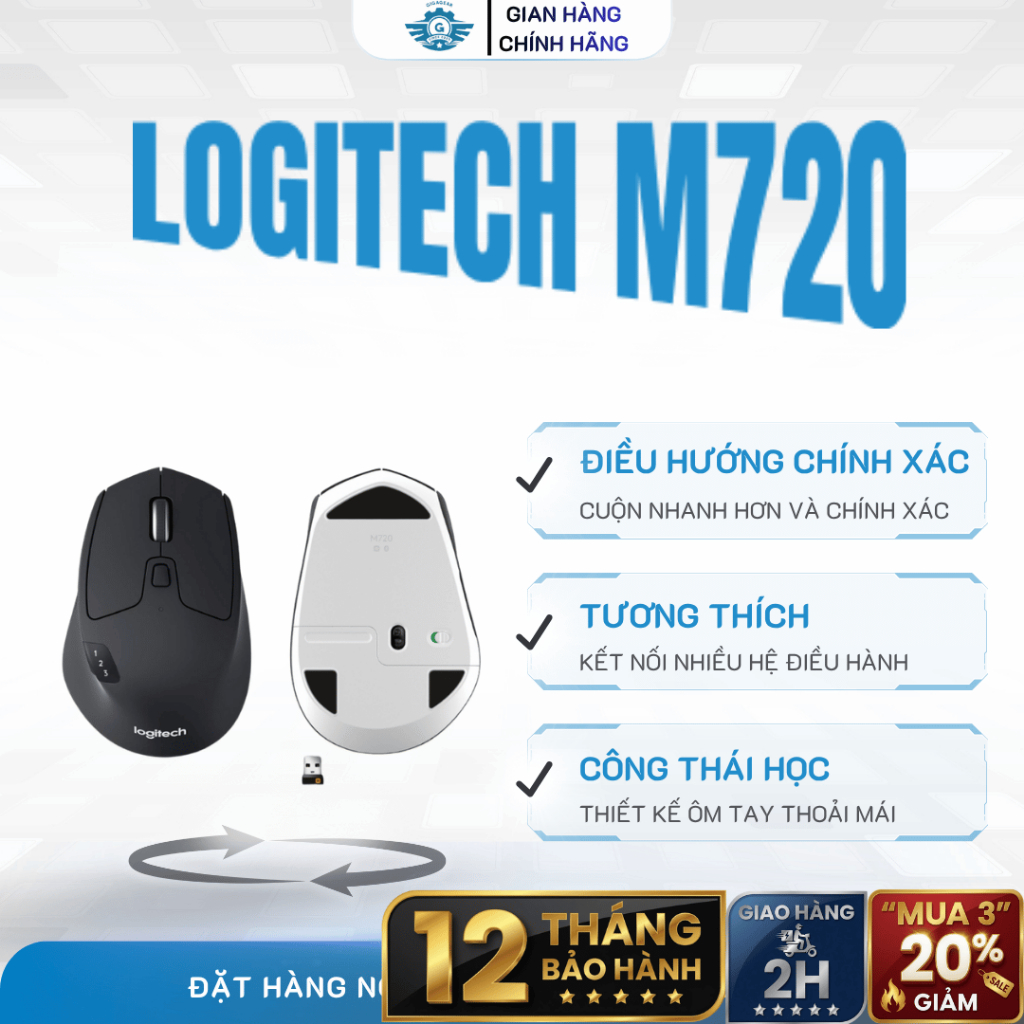 [🔰Chính Hãng] Chuột Không Dây Logitech M720 Triathlon – Multi-Device, Công Thái Học, Đa Tác Vụ, Bền