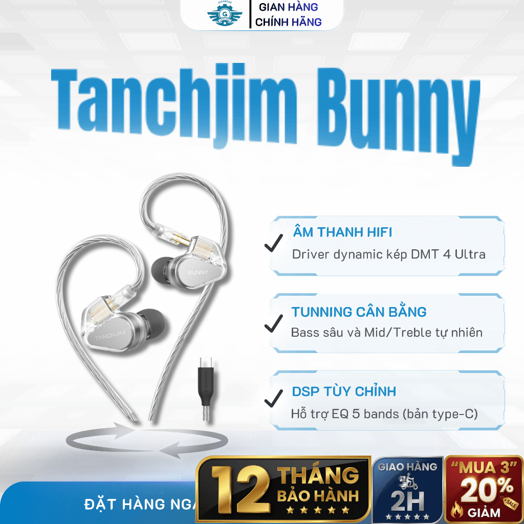 🎧 TANCHJIM Bunny –Tai Nghe In-Ear Dynamic IEM + DSP Type-C/3.5mm: PET-Ti, Double-Chamber, 5-Band EQ