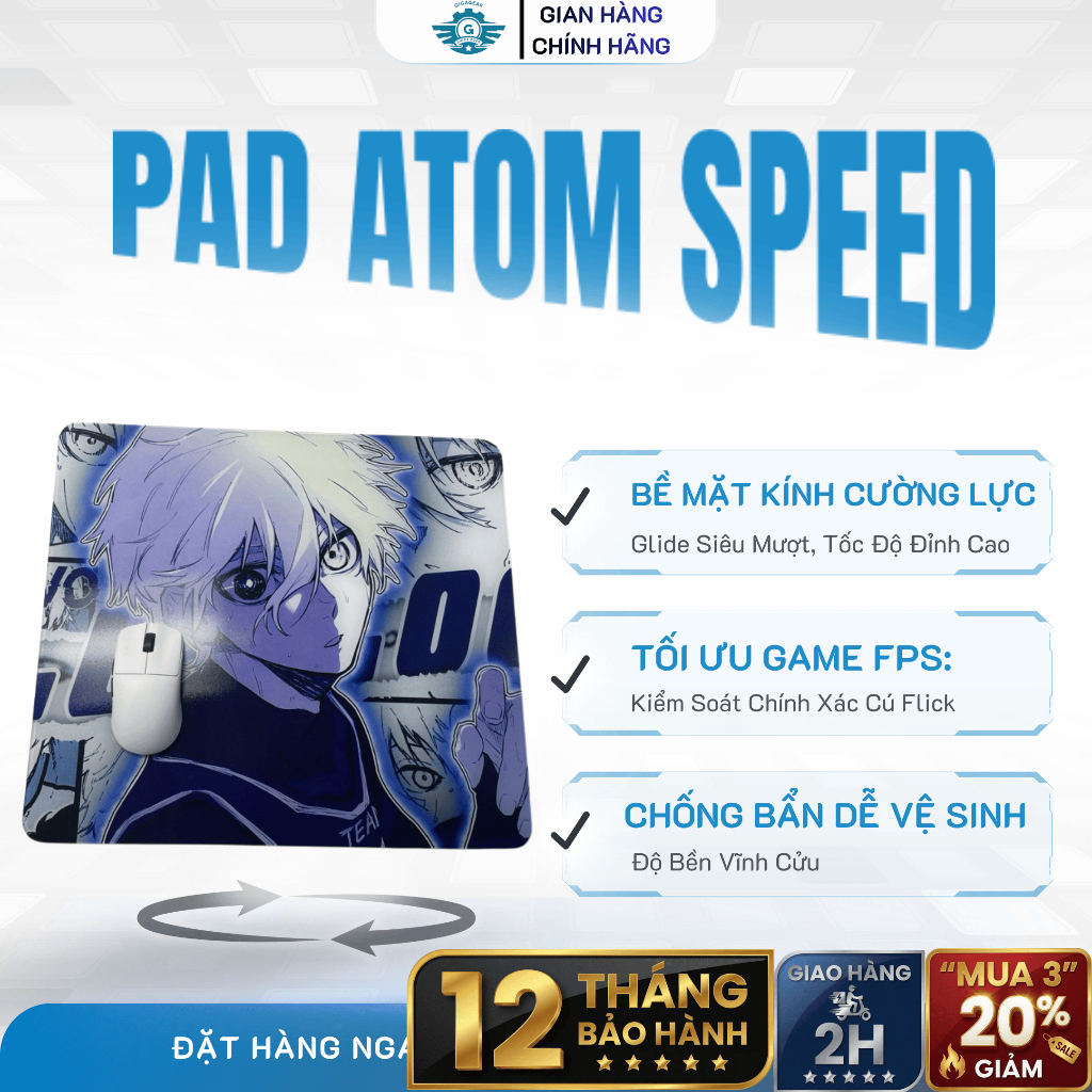 🎁 Pad Chuột Gaming FPS Atom Speed - Kính Cường Lực Di Mượt, Chống Trượt, Tăng Tốc Độ, Cỡ Lớn 45x42cm