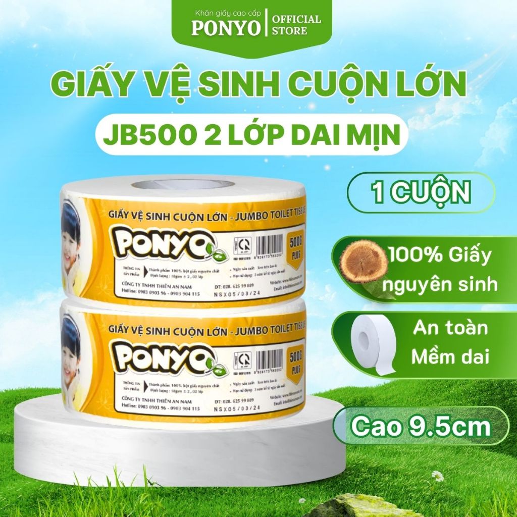 Giấy Vệ Sinh Cuộn Lớn PONYO JB500 2 Lớp Mềm Mịn Hoạ Tiết Caro 500g