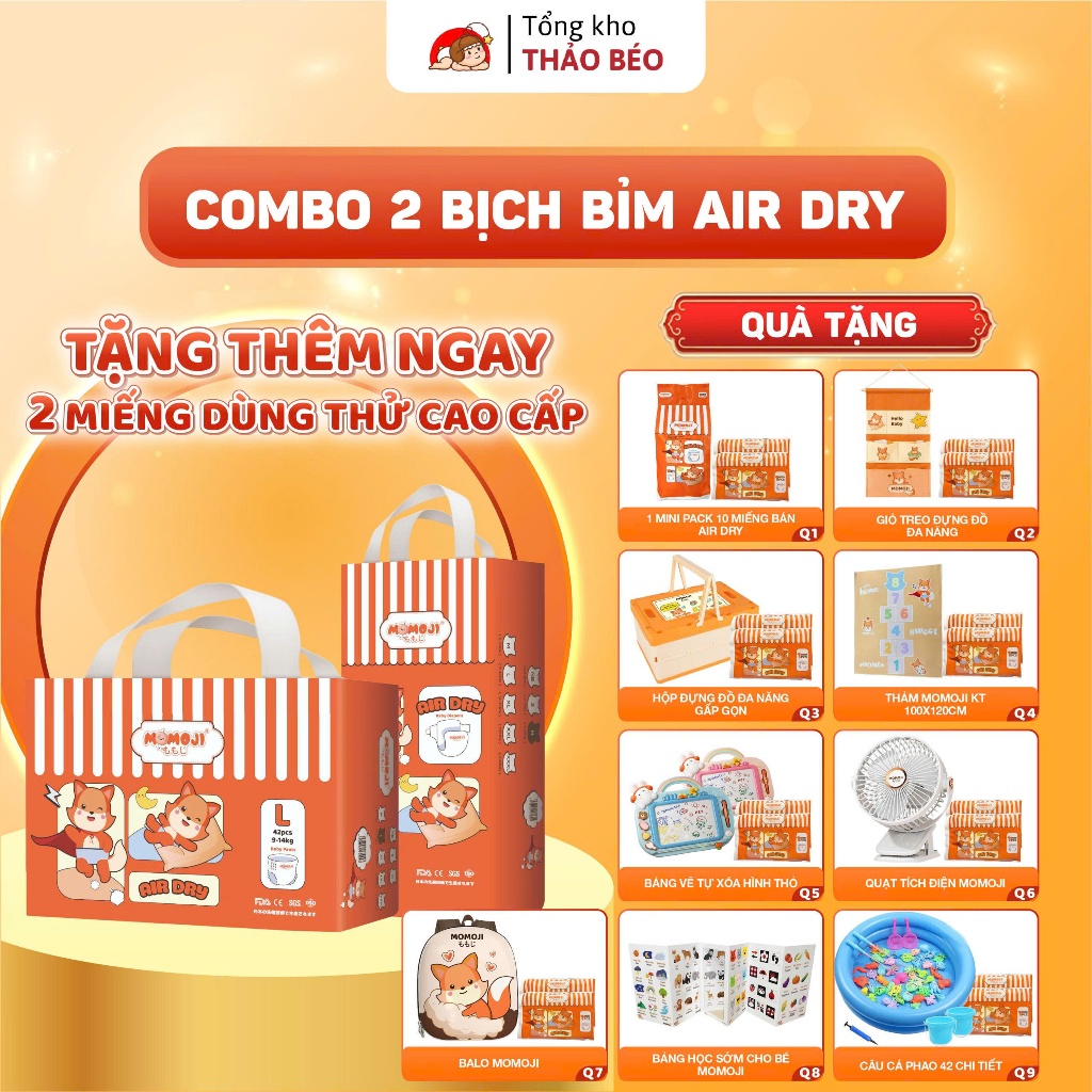 [Momoji Air Dry] Combo 2 Bịch Bỉm Dán/Quần Momoji Air Dry Cao Cấp Mềm Mỏng Mịn Thấm Hút Tốt, Giữ Môn