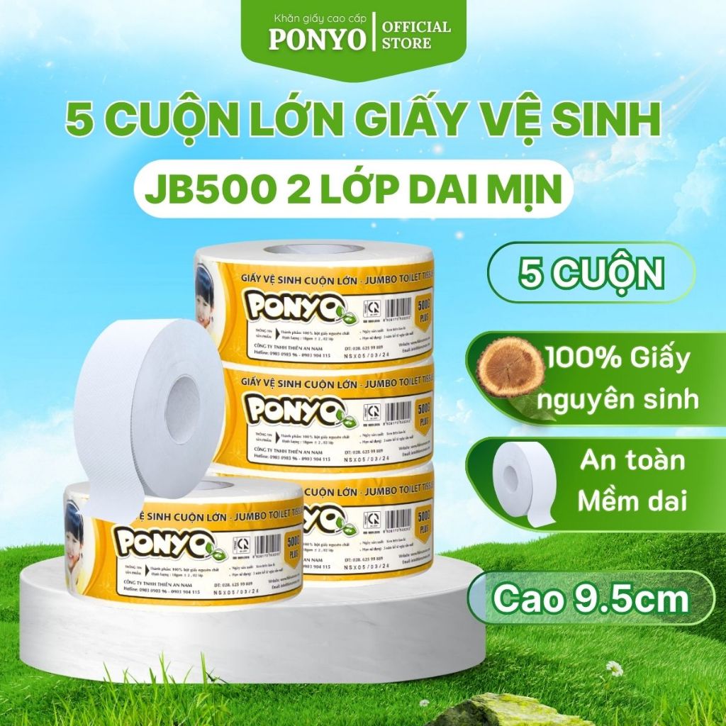 Combo 5 Cuộn Giấy Vệ Sinh Cuộn Lớn Ponyo JB500 2 Lớp Hoạ Tiết Caro 500g