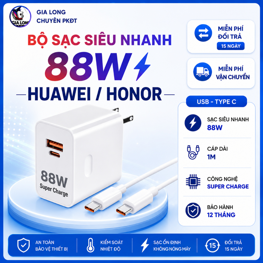 Bộ Sạc Siêu Nhanh Max 88W Huawei / Honor USB - Type C / Hiển Thị Max 88w / BH 12 Tháng