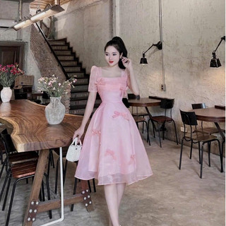 Đầm dự tiệc thời trang nữ sang trọng chất tapta phủ tơ cổ vuông tay ngắn dáng váy 2 lớp đính hoa dáng váy chữ A dài maxi