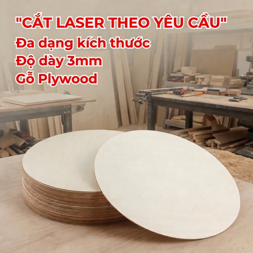 [Cắt Laser Theo Yêu Cầu] Tấm Gỗ Ép Plywood Trắng 3mm – Tấm Gỗ Tròn, Elip Phù Hợp DIY, In UV, Khắc La