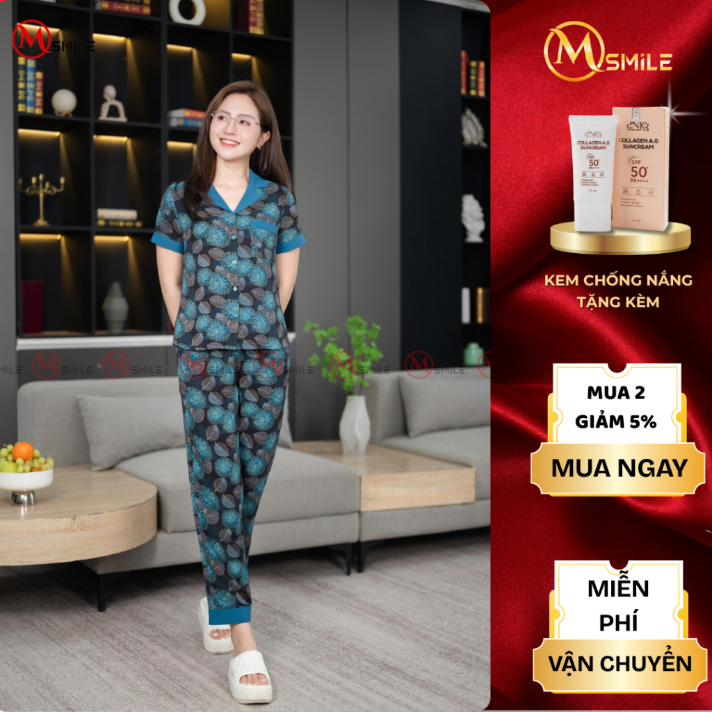 Bộ mặc nhà MSMILE lụa Lạnh Hàn cao cấp tay ngắn quần dài, chất liệu mịn màng, thoáng mát - BD534
