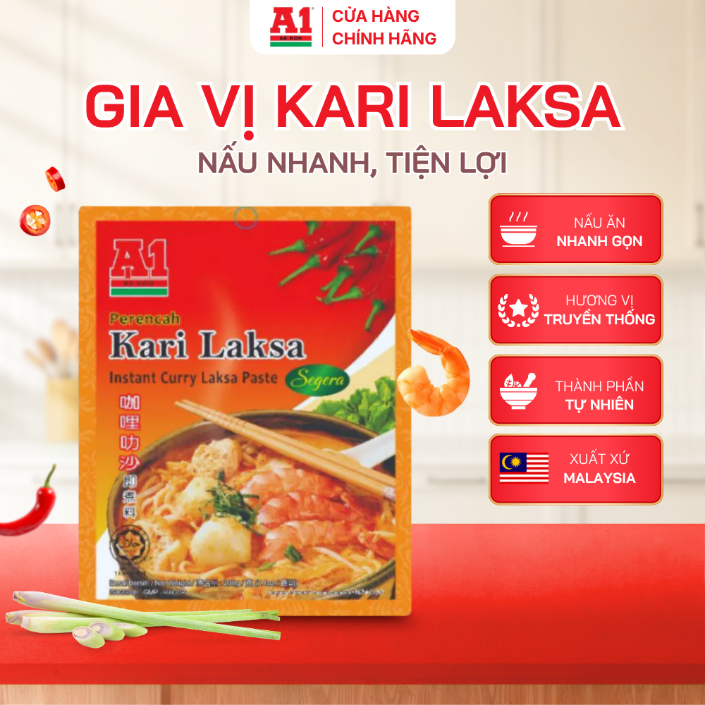 Gia Vị- Kari Laksa A1 200g Malaysia – Gia Vị Laksa Đa Năng, Nấu Mì, Tokbokki, Xiên Que, Món Nước Chu