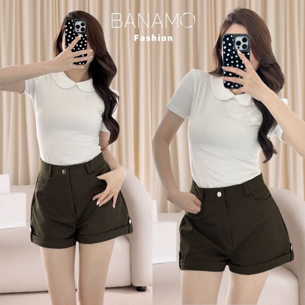 Quần short nữ BIGSIZE Banamo Fashion quần kaki cạp cao gập gấu đính khuy trẻ trung tôn dáng dễ phối đồ 681 | BigBuy360 - bigbuy360.vn