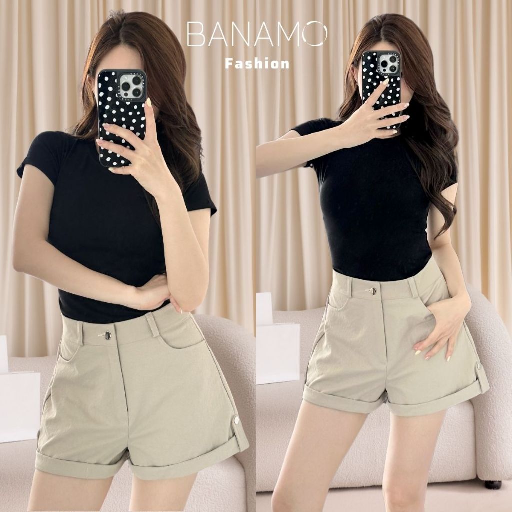 Quần short nữ BIGSIZE Banamo Fashion quần kaki cạp cao gập gấu đính khuy trẻ trung tôn dáng dễ phối đồ 681 | BigBuy360 - bigbuy360.vn