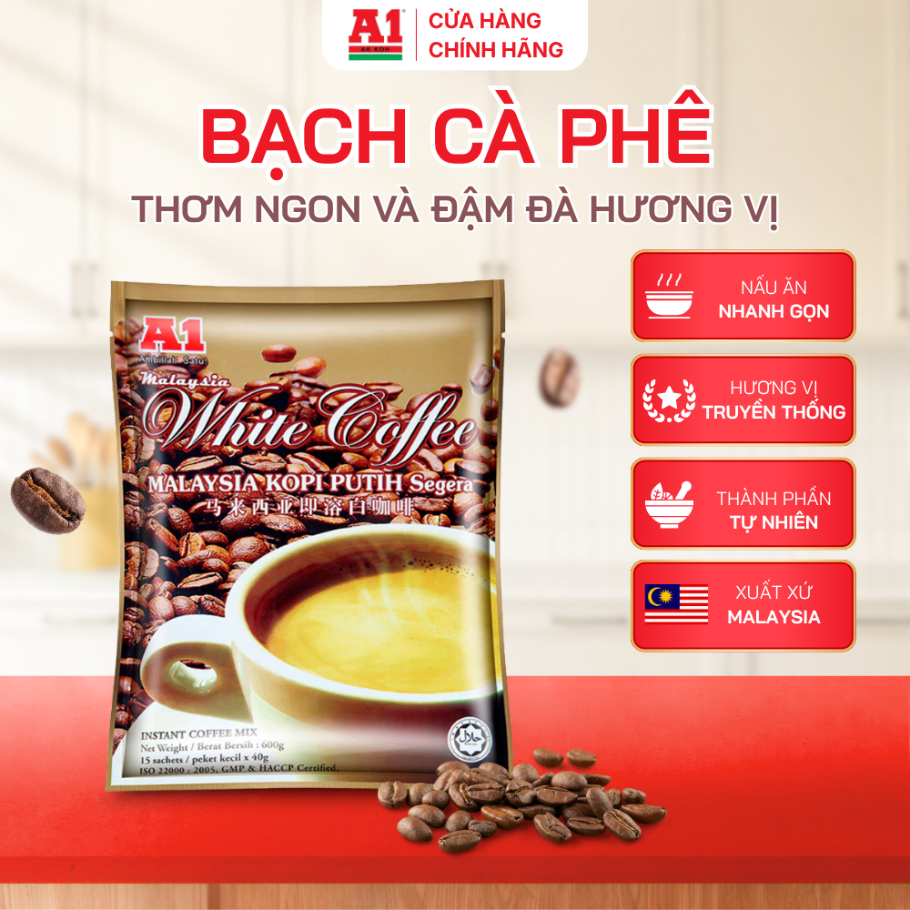 Bạch Cà Phê A1 Malaysia 600g (15 Gói) – Cà Phê Trắng 3in1 Thơm Ngon Đậm Vị