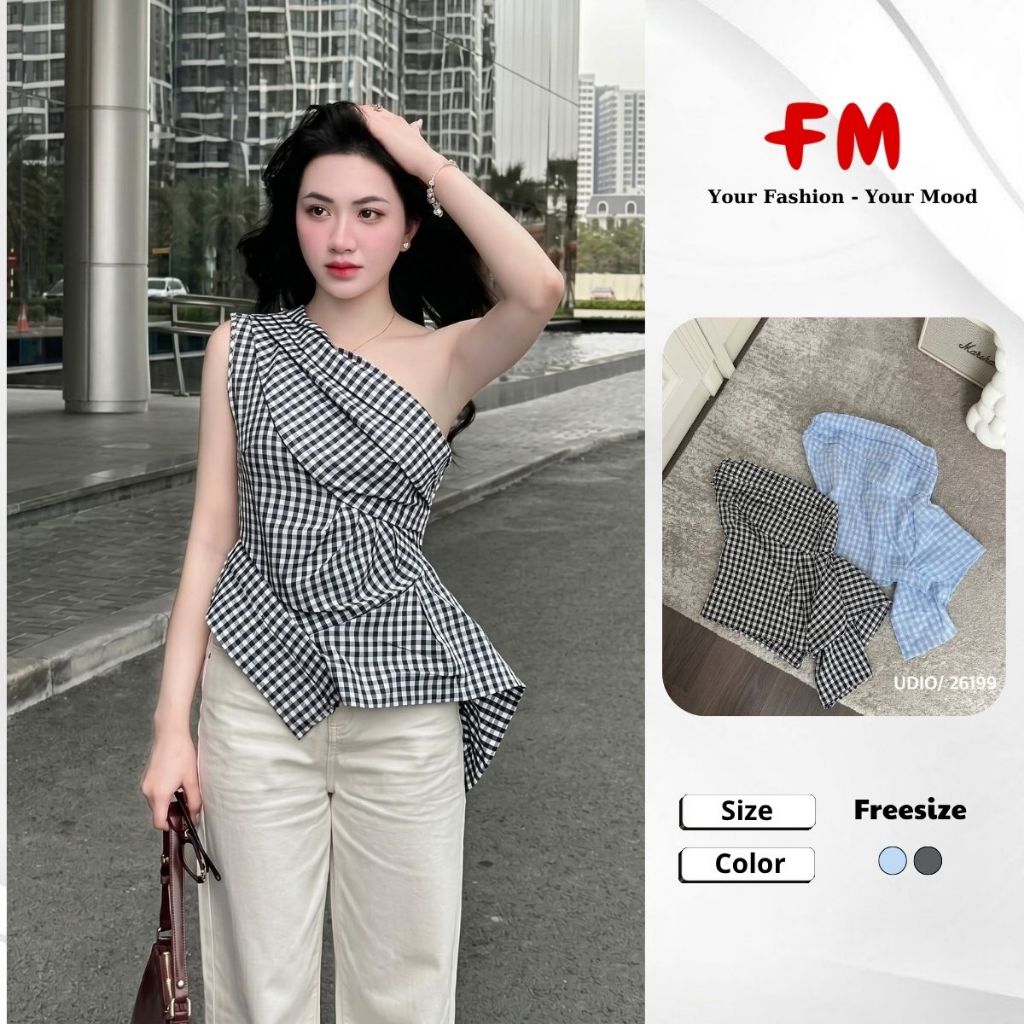 Áo Kiểu Nữ FMSTYLE Cúp Chéo Lệch Vai Bèo Kẻ Nữ Tính Sang Chảnh 26050115