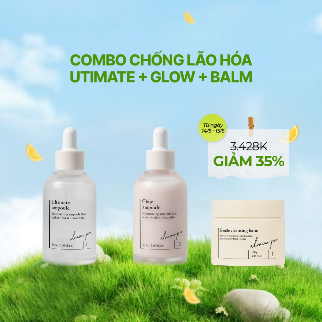 Combo Chống Lão Hóa:  Elravie Pro Gentle Cleansing Balm 100g & Glow Ampoule 50ml & Pro Ultimate Ampo