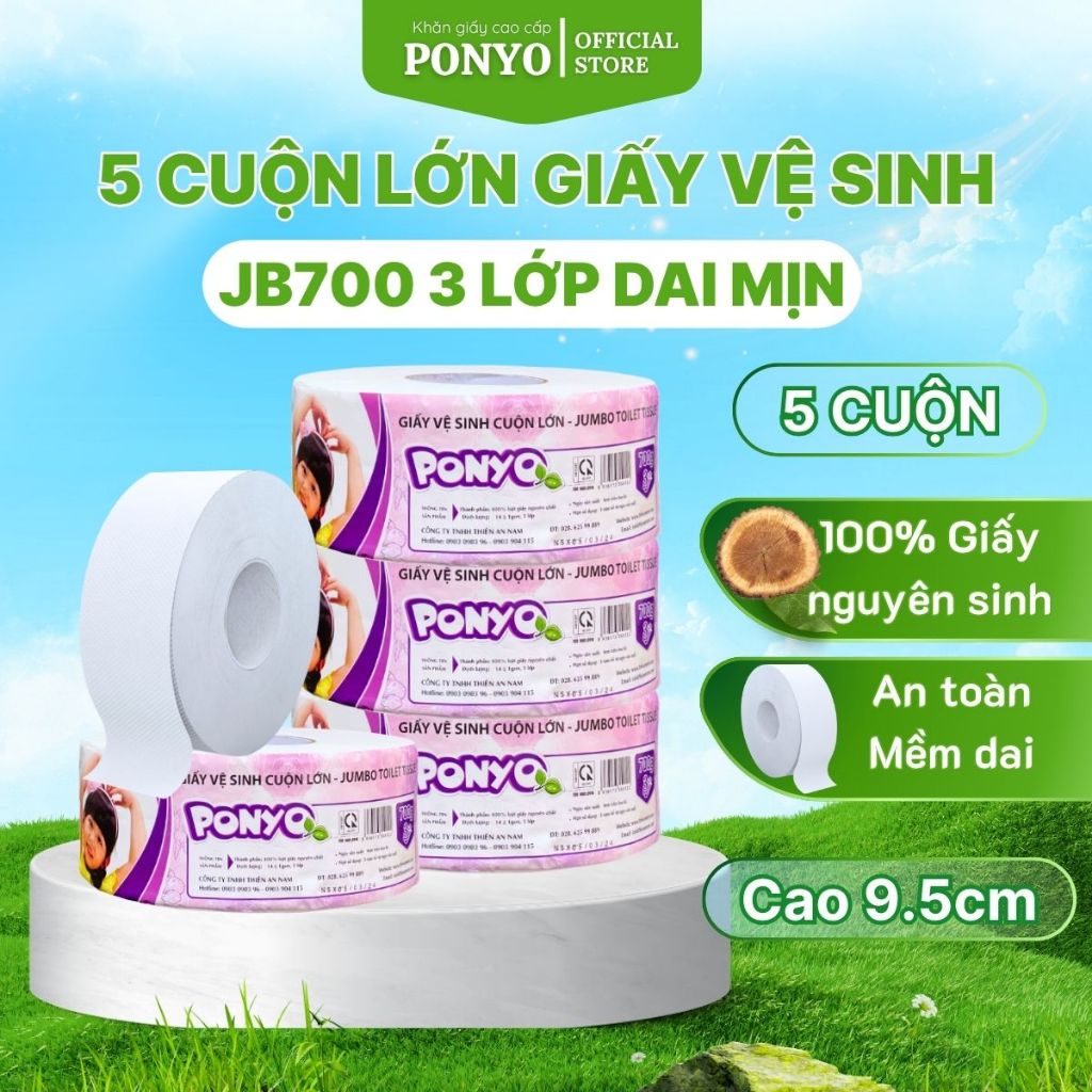 Combo 5 Cuộn Giấy Vệ Sinh Cuộn Lớn Cao Cấp, Siêu Dày, Tan Nhanh PONYO JB700 3 lớp 700g