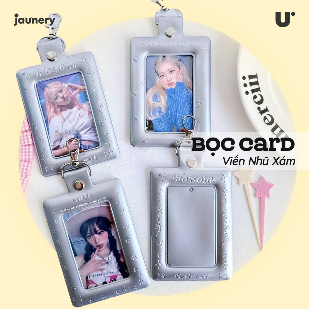 Bọc Card Mini Viền Nhũ Xám – Card Holder Trong Suốt Kèm Móc Treo