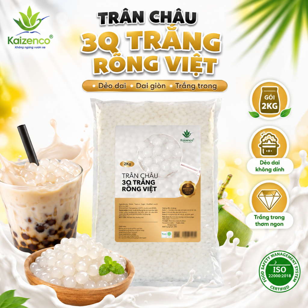 Trân Châu Trắng 3Q Kaizenco Túi 2KG Ngon Giòn Ăn Liền, Pha Chế Trân Châu 3Q Nguyên Vị