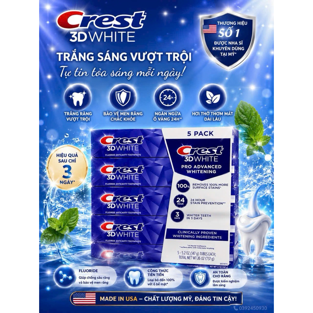 Kem Đánh Răng CREST 3D WHITE ADVANCED của Mỹ 143G