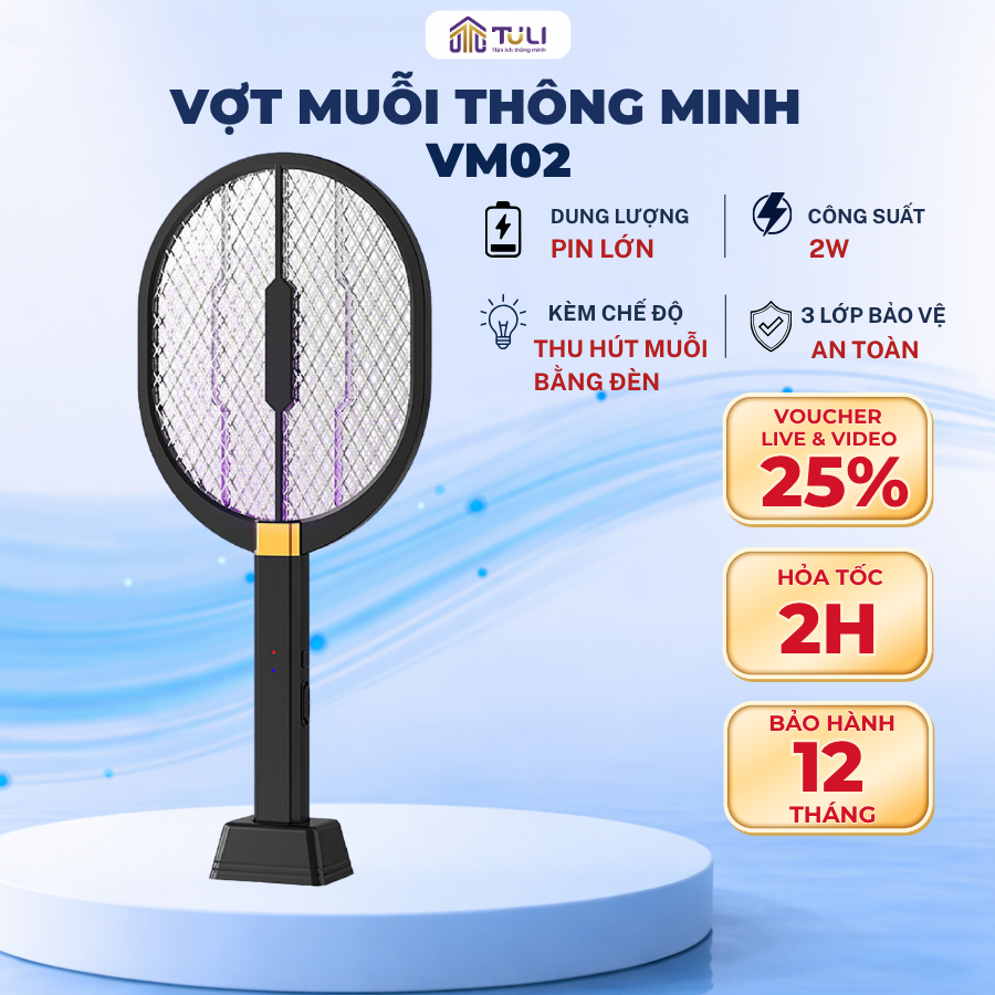 Vợt muỗi điện kiêm đèn bắt đuổi côn trùng TULI VM02, Công Suất 2W, Tích điện, Để bàn, BH 12 Tháng