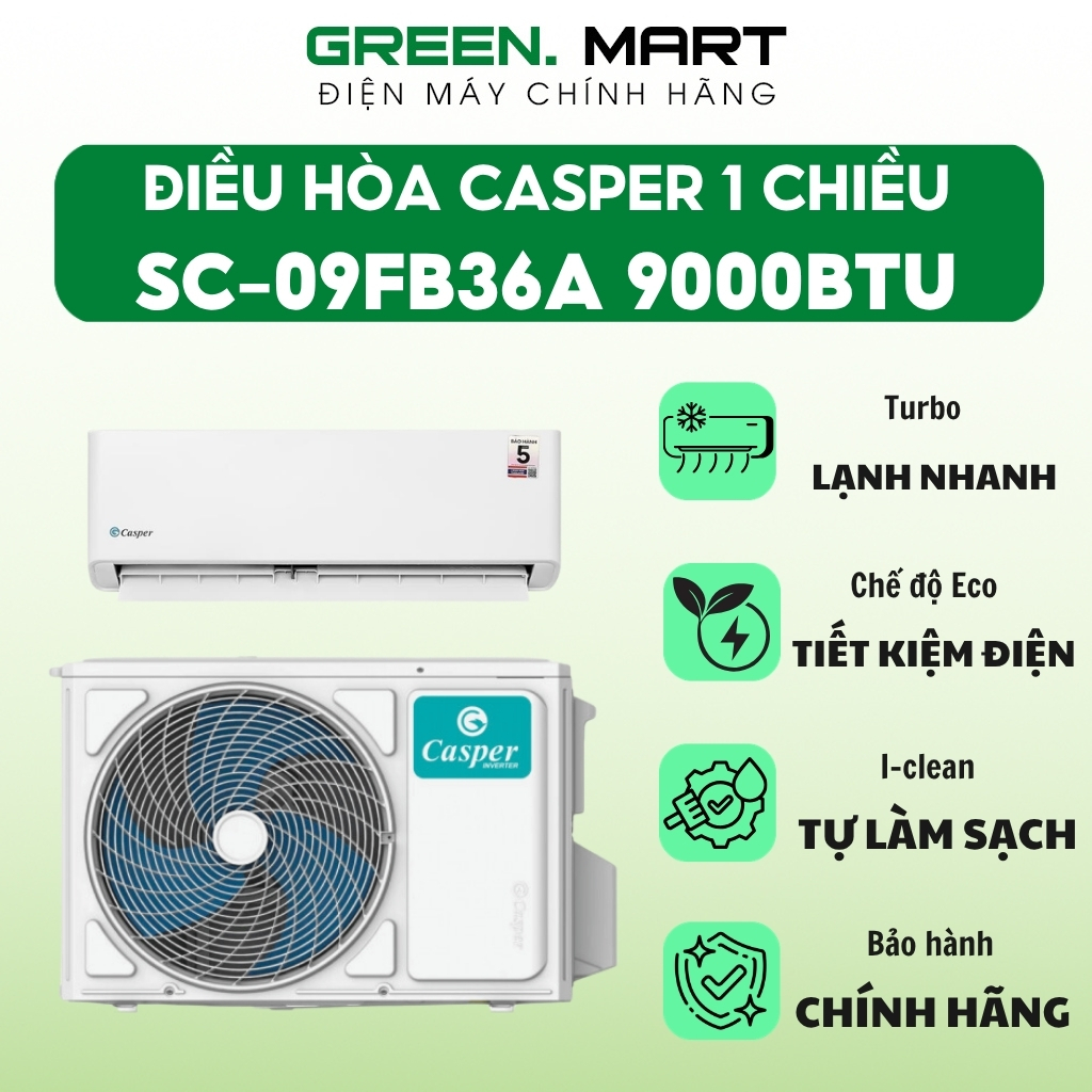 Điều hòa Casper 1 chiều 9000BTU SC-09FB36A | Máy lạnh Casper 1HP 09FB36A tiết kiệm điện