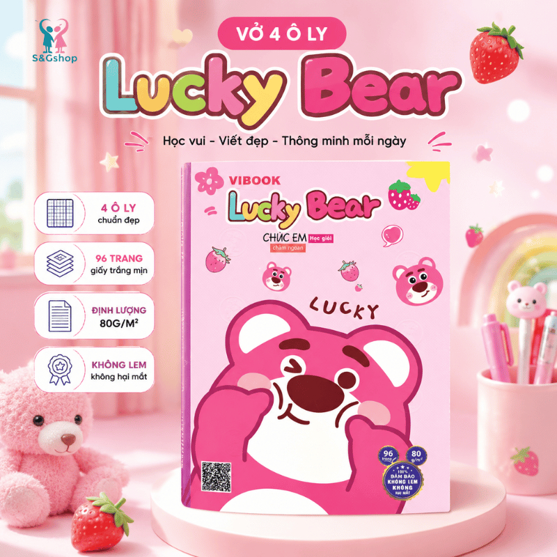 TẶNG KHẨU TRANG - Combo 10 cuốn vở 4 ô ly VIBOOK gấu dâu Lucky Bear