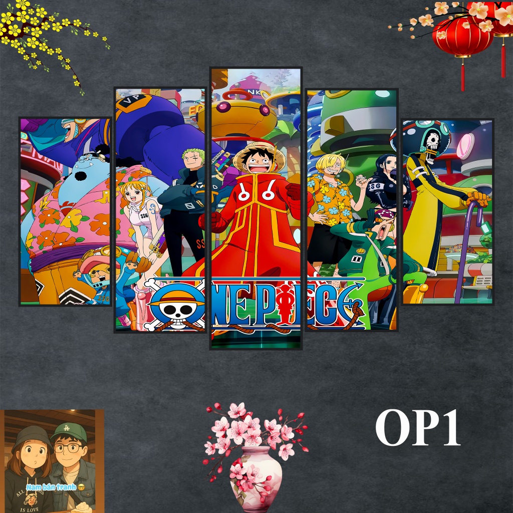 Bộ Tranh Ghép 5 Tấm One Piece – Full Team Mũ Rơm – Tráng Gương Mica - Formex - Dán Tường