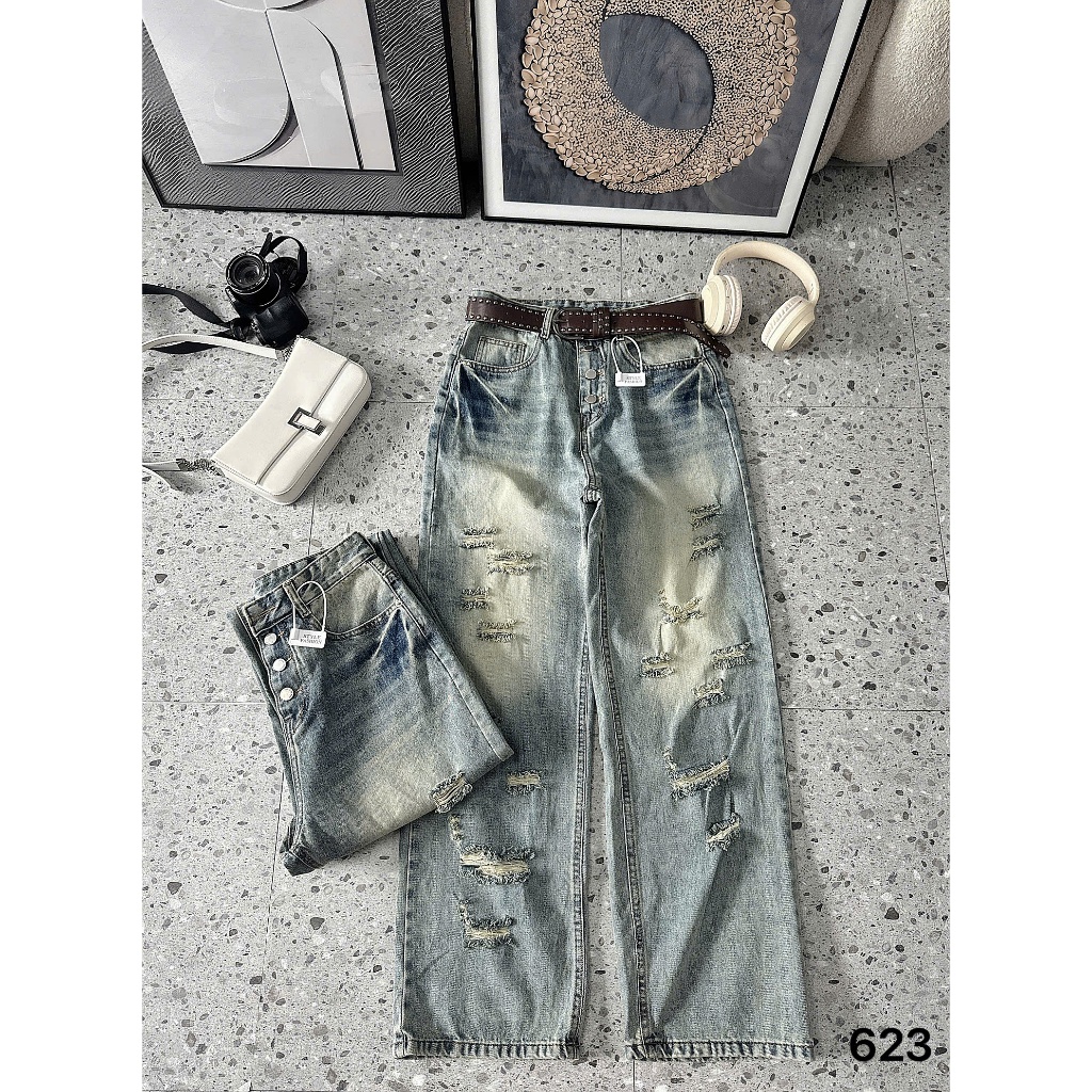 Quần Jean Nữ Rách Ống Suông Rộng Bigsize 55-90kg Lưng Cao Form Dài Hack Dáng QC623 – 2KJeans | BigBuy360 - bigbuy360.vn