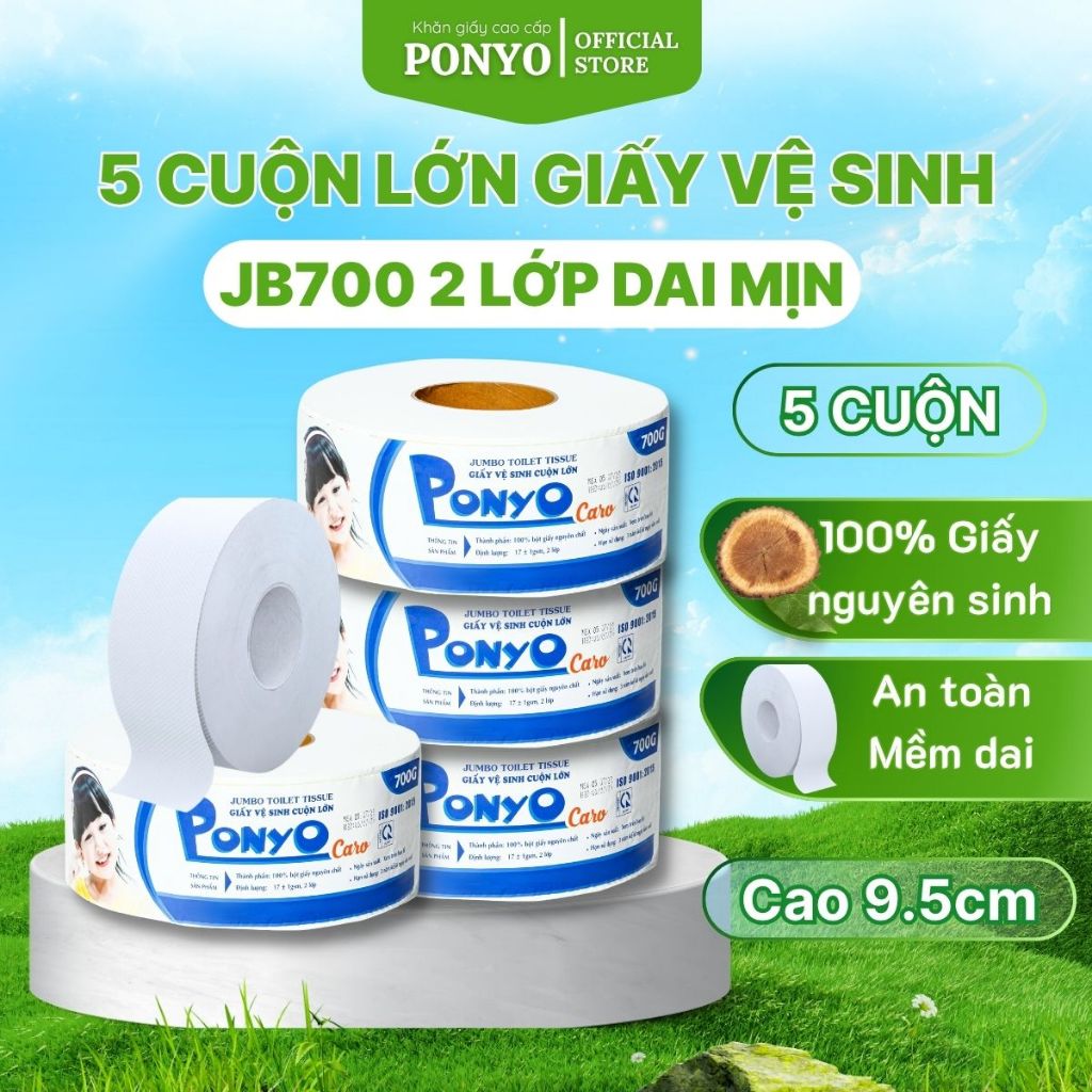 Combo 5 cuộn Giấy vệ sinh cuộn lớn PONYO JB700 2 lớp hoạ tiết caro/trơn 700g -Thiên An Nam paper