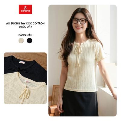 Áo kiểu nữ CARDINA chất liệu dệt sợi cotton dáng suông tay cổ cổ tròn buộc dây 6ALC12