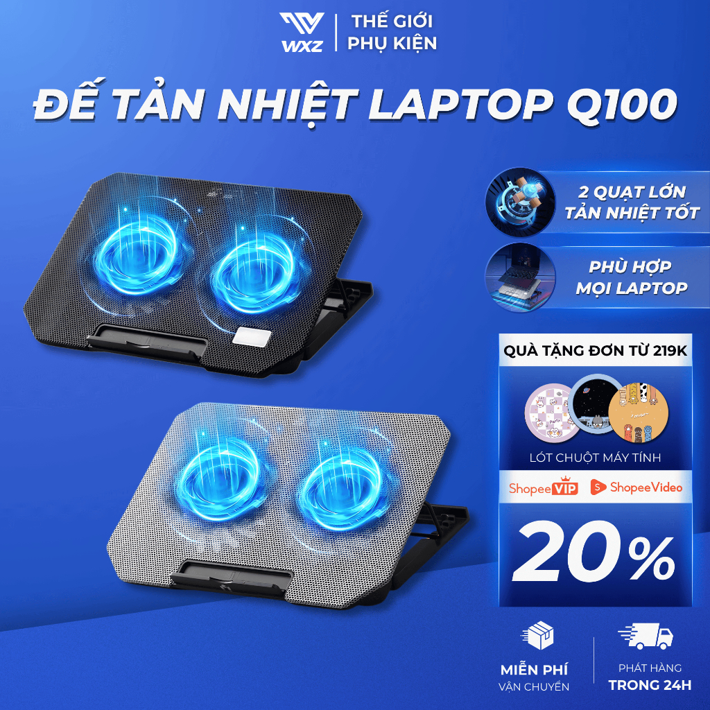 Đế Tản Nhiệt Laptop Macbook Q100 Quạt Làm Mát LED Gaming Chống Ồn Giá Đỡ Laptop Nâng Hạ 4 Mức Độ Cao