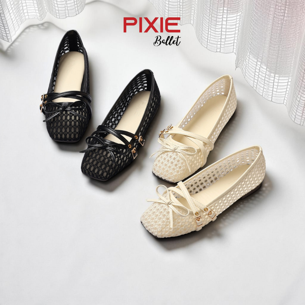Giày Búp Bê Nữ Đế Bệt Da Vải Lưới Quai Ngang Đan Chéo Phối Khóa Đính Nơ Thời Trang Pixie H460