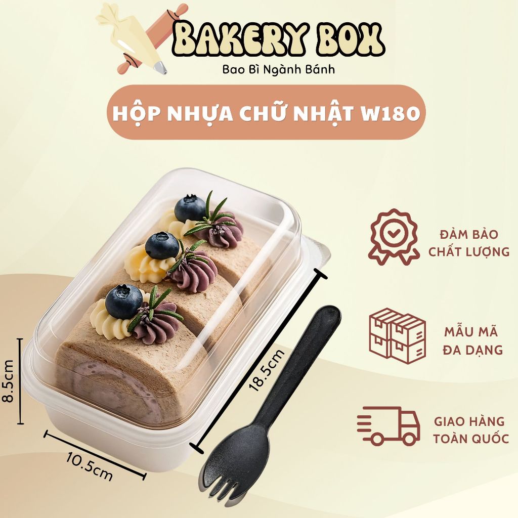 100 Hộp Nhựa Chữ Nhật Đựng Bánh Bông Lan Có Nắp Trong, Đựng Bánh Bông Lan Kem Sữa Tuyết (W180)