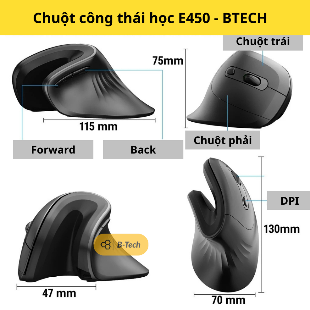 Chuột công thái học không dây - ergonomic wireless E450 pin sạc, hạn chế bệnh văn phòng 2.4G B-Tech | BigBuy360 - bigbuy360.vn