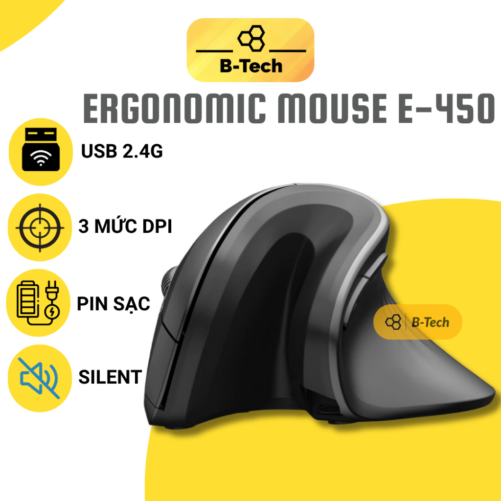 Chuột công thái học không dây - ergonomic wireless E450 pin sạc, hạn chế bệnh văn phòng 2.4G B-Tech | BigBuy360 - bigbuy360.vn