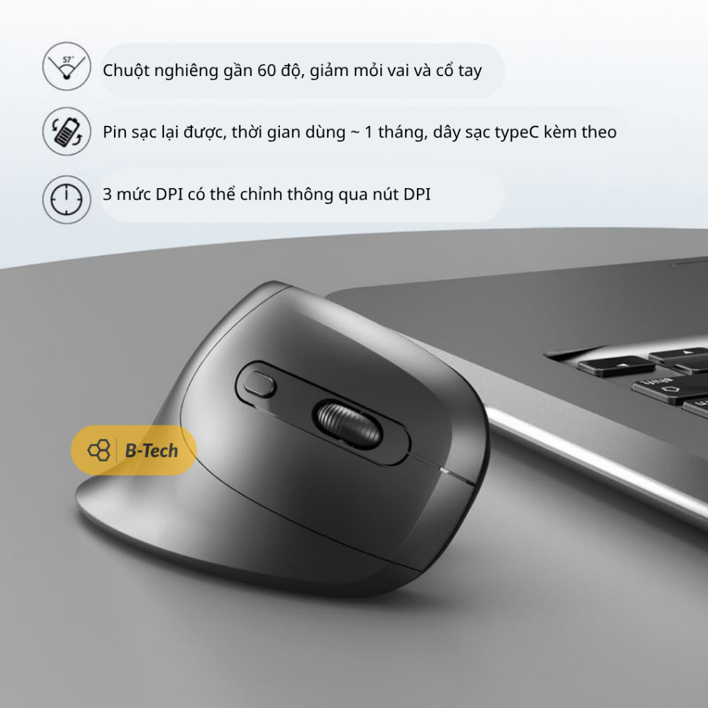 Chuột công thái học không dây - ergonomic wireless E450 pin sạc, hạn chế bệnh văn phòng 2.4G B-Tech | BigBuy360 - bigbuy360.vn