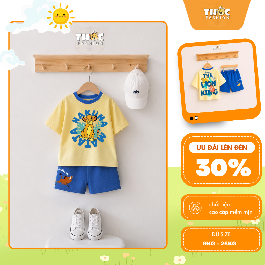 Bộ Lion King xanh vàng cho bé trai Thóc Fashion chất cotton mềm mát năng động đẹp