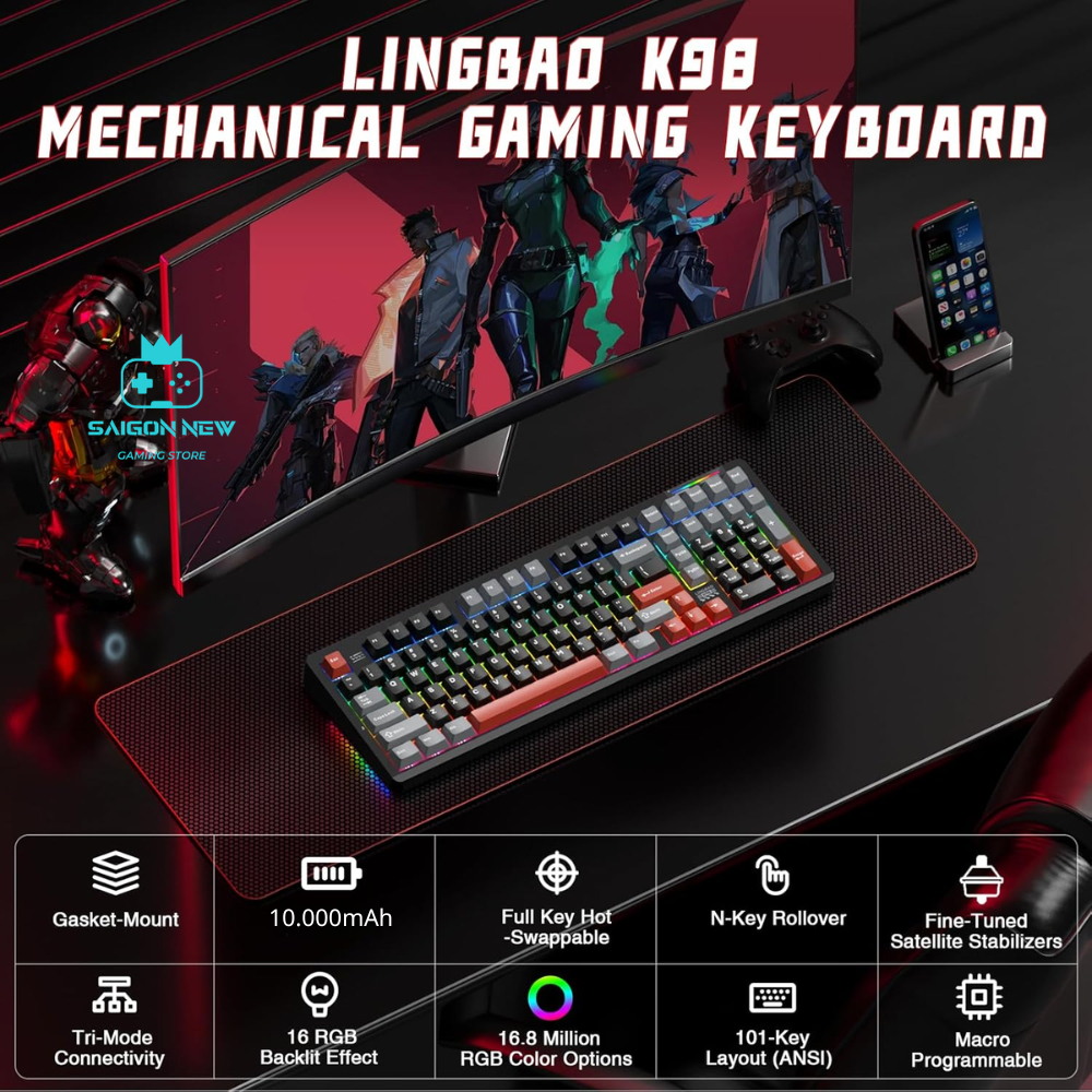 Bàn phím cơ Hotswap Lingbao K98 | K98 pro - Pin 10000mAh - 3 mode kết nối - LED RGB mạch xuôi | BigBuy360 - bigbuy360.vn