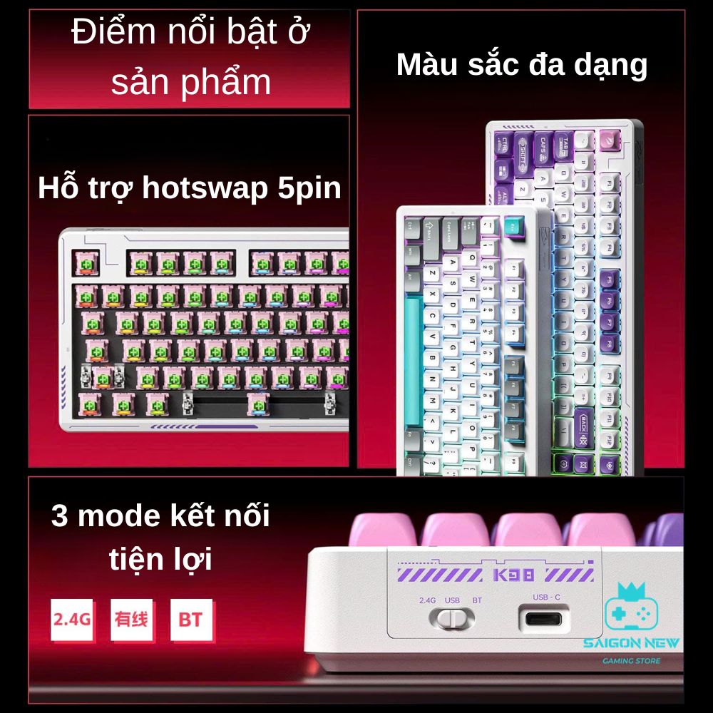 Bàn phím cơ Hotswap Lingbao K98 | K98 pro - Pin 10000mAh - 3 mode kết nối - LED RGB mạch xuôi | BigBuy360 - bigbuy360.vn