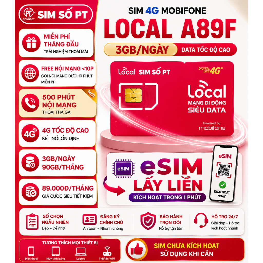 Sim 4G 90GB/Tháng Mobifone – Local A89F – Miễn Phí Tháng Đầu eSIM Lấy Liền