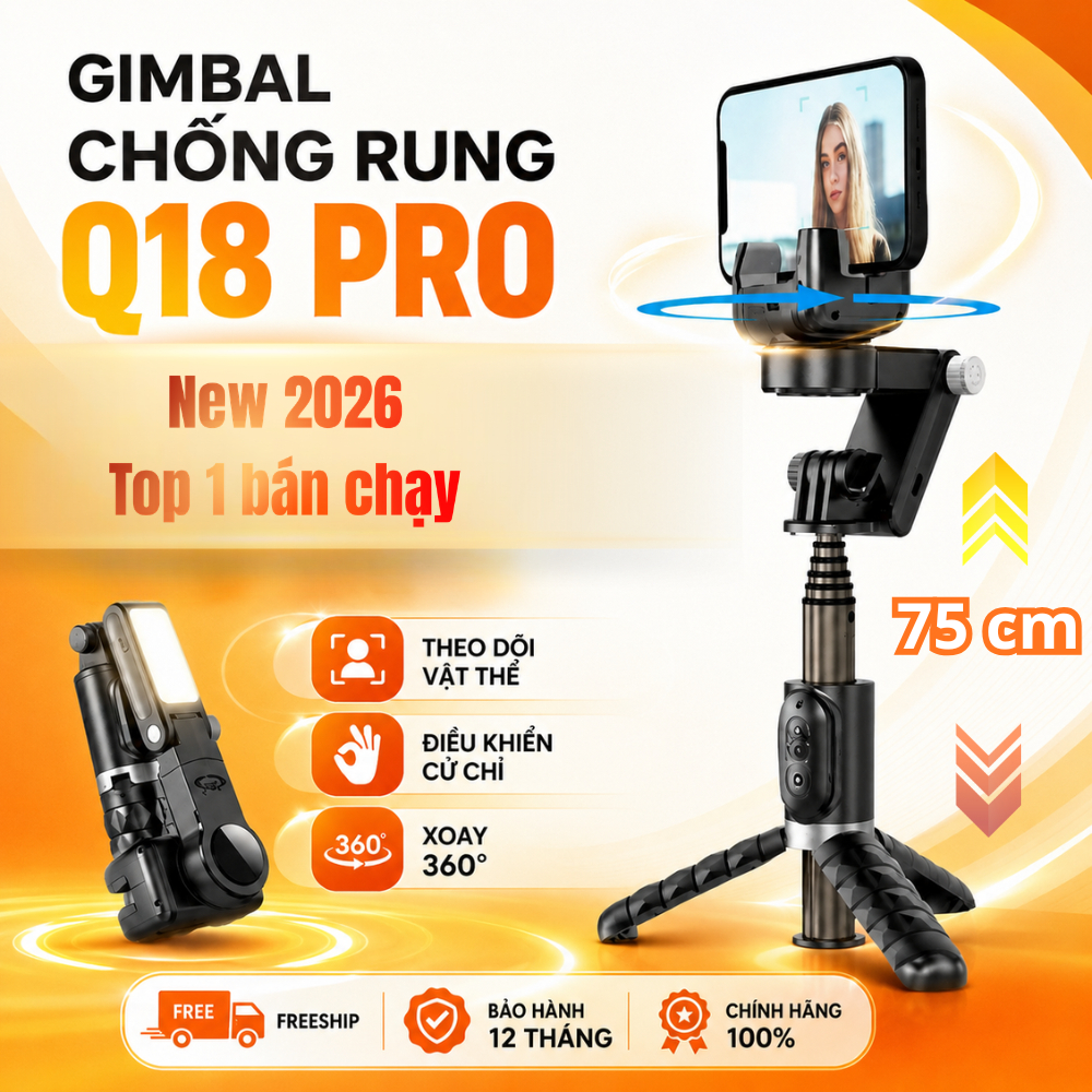 Gimbal Q18 - Gymbal điện thoại quay phim chống rung hỗ trợ quay phim, chụp ảnh chuyên nghiệp xoay 36