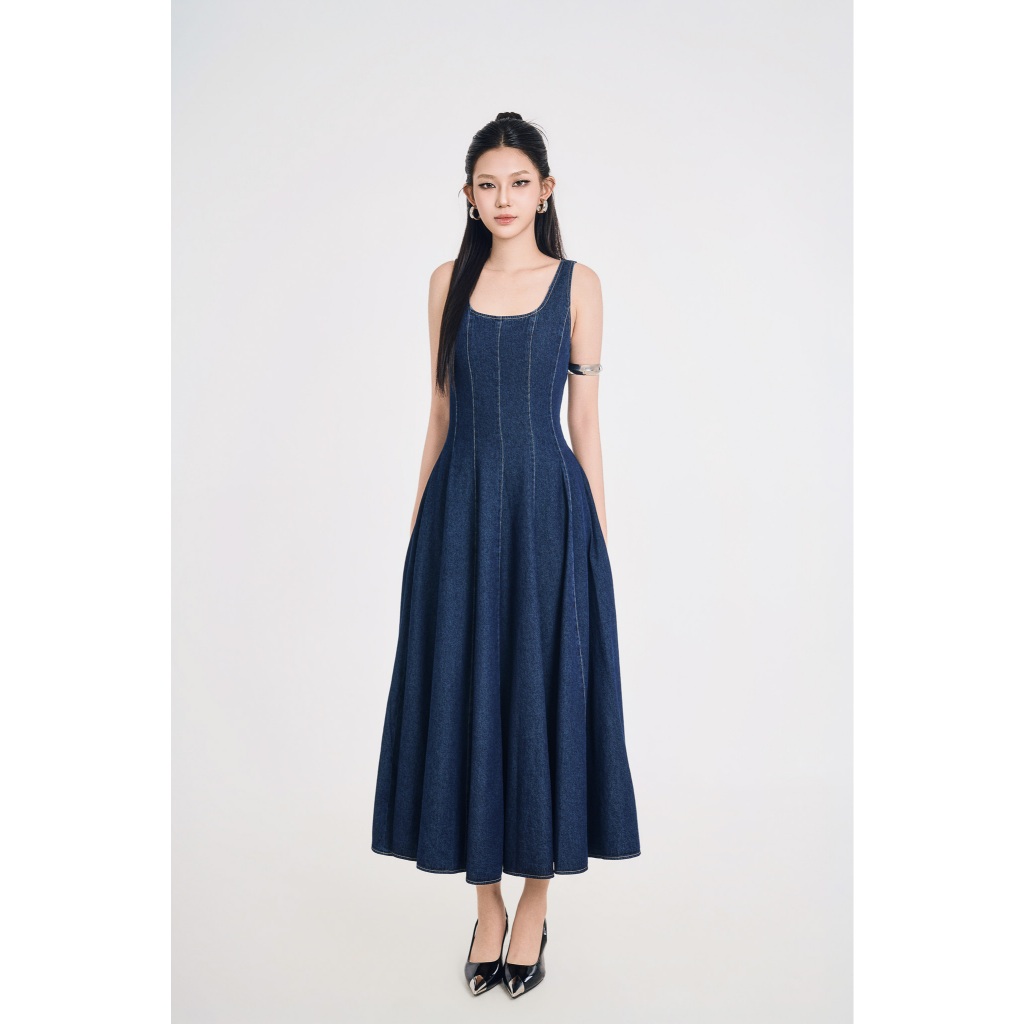 Genviet - Đầm Denim Cổ Vuông Raw Indigo